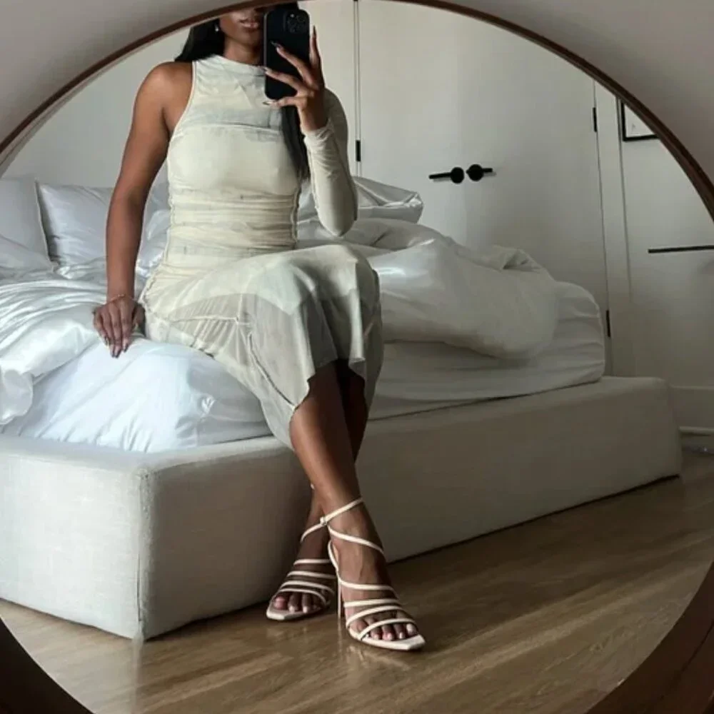 ZARA Ruched Mesh Tie-Dye One Shoulder Maxi Dress | Bodycon Fit | Size L - Picture 3 of 9